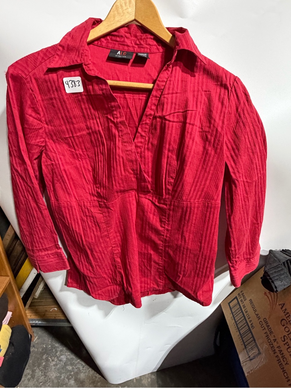 #4383-A.L.C. Red Long-Sleeve V-Neck Blouse